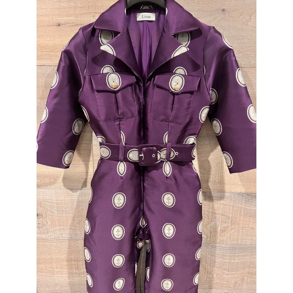 LISOU Jade Dark Purple Cameo Silk Jacquard Jumpsuit SIZE 6 - Picture 6 of 16